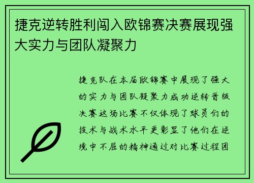 捷克逆转胜利闯入欧锦赛决赛展现强大实力与团队凝聚力