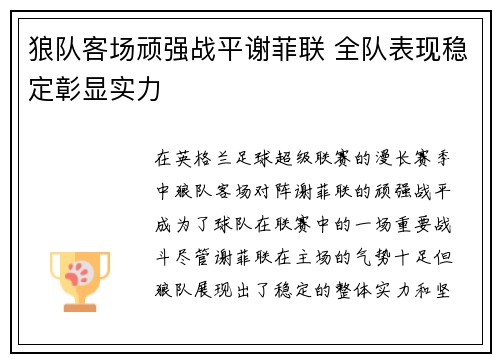 狼队客场顽强战平谢菲联 全队表现稳定彰显实力