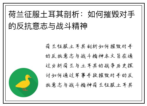 荷兰征服土耳其剖析：如何摧毁对手的反抗意志与战斗精神