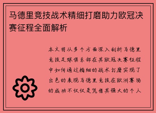 马德里竞技战术精细打磨助力欧冠决赛征程全面解析