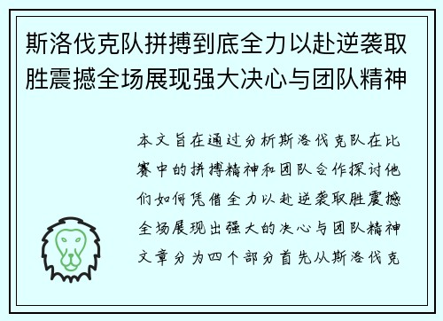 斯洛伐克队拼搏到底全力以赴逆袭取胜震撼全场展现强大决心与团队精神