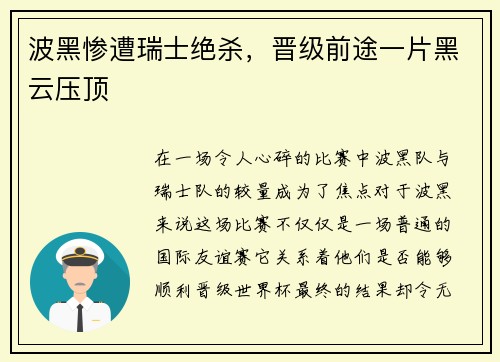 波黑惨遭瑞士绝杀，晋级前途一片黑云压顶