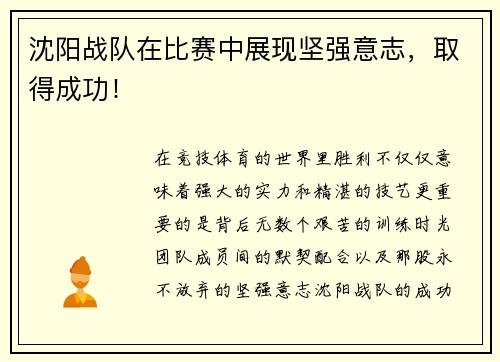 沈阳战队在比赛中展现坚强意志，取得成功！